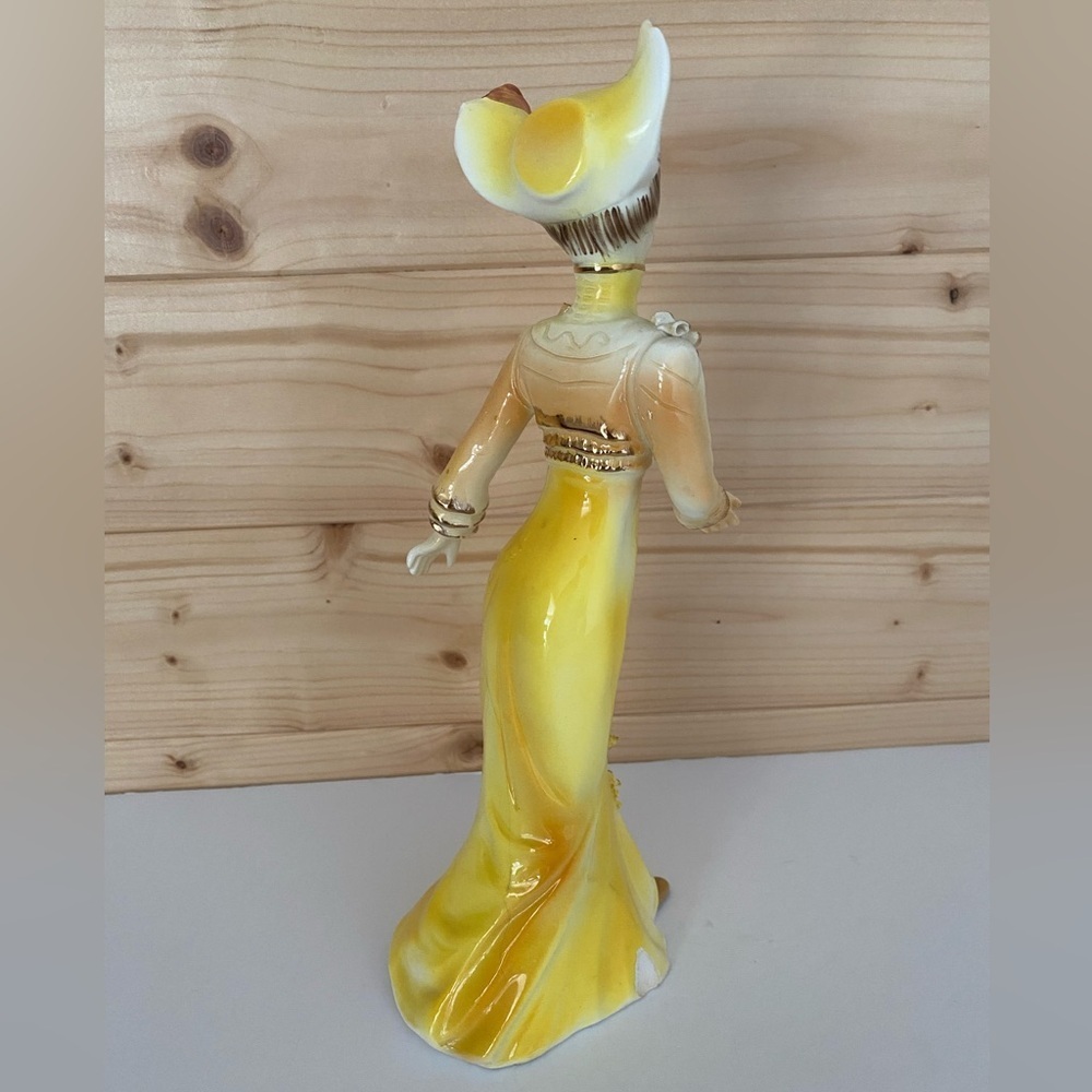 VINTAGE 10” Tall Victorian Lady Figurine Yellow Dress Golden Ruffled Accents - Picture 3 of 13